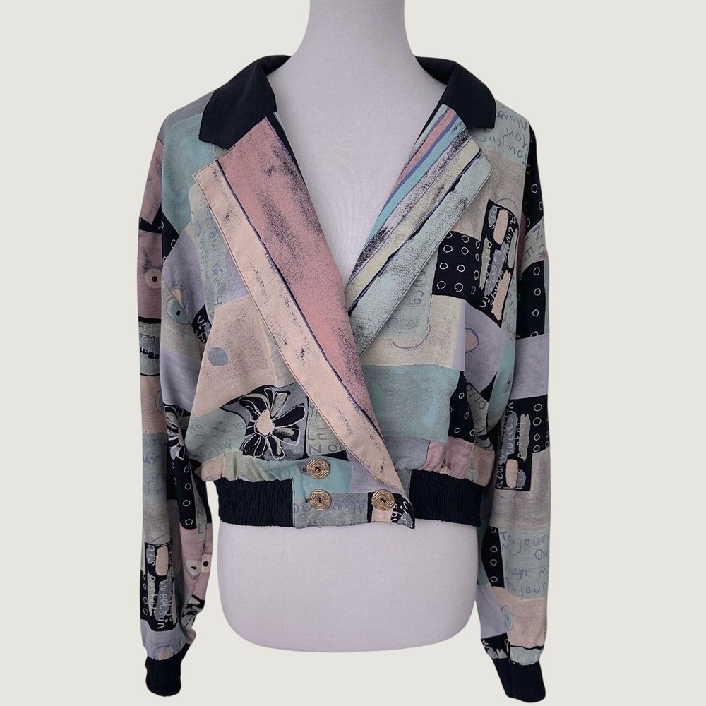 Saint Germain 80s Abstract Bomber Jacket Women M Gold Buttons Paris Statement